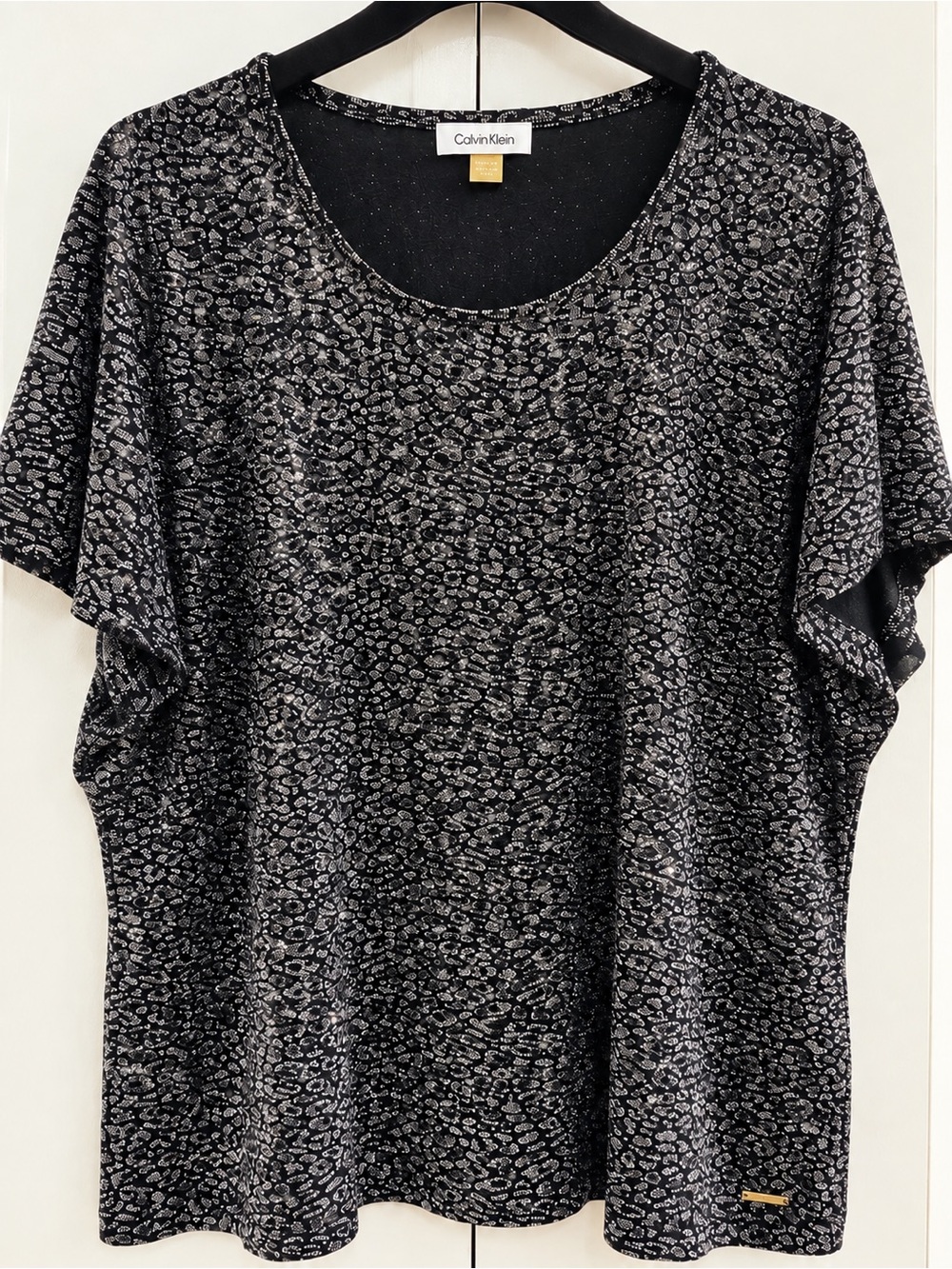 Calvin Klein Black Metallic Leopard-Print Short Sleeve Blouse 1X